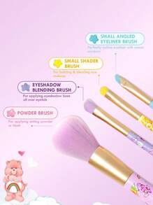 SHEIN X Care Bears 5件套卡通图案化妆刷套装，包含散粉刷+小眼影刷+大眼影刷+扁眉刷+收纳袋，刷毛柔软，吸粉晕染能力强，适合初学者打造精致妆容，加油熊，熊，分享熊，Funshine熊 - 彩色 - 查看 3