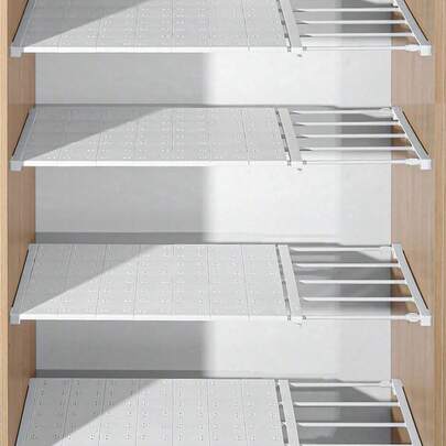 SHEIN 1Pc Household Retractable Nail-Free Clothes Organizing And Storage Partition Rack, Dormitory Cabinet Cupboard Layered Rack, Space-Saving Storage Layered Partition, Clothes Organizer Rack, Suitable For Bathroom, Kitchen Storage, Room, Bedroom Wardrobe And Entryway Shoe Cabinet.