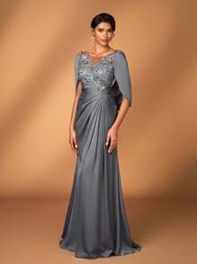 Serin Elegant Luxurious Embroidered Lace Sequin Patchwork Elastic Satin Ruffle Sleeve Mermaid Hem Dress, Suitable For Wedding, Party, Bachelorette Party, Vacation, Gala, Evening, Mother Of The Bride Dress, Valentine's Day - Army Green - View 6