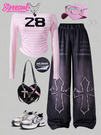 SHEIN Explorewe 少女春秋条纹印花露肩长袖上衣搭配针织十字印花时尚长裤两件套，适合时尚聚会