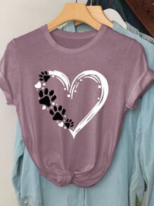 EMERY ROSE Dog Paw Print & Heart Graphic Round Neck Short Sleeve Fashionable Plus Size T-Shirt - Red Violet - View 3