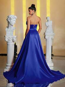 Glamrae Đầm dạ hội màu hồng cánh sen sang trọng, thanh lịch, không dây vai, thiết kế cổ áo tinh tế, dáng đuôi cá bằng satin với bèo nhún có thể tháo rời, phù hợp cho đám cưới, tiệc tùng, kỳ nghỉ, dạ hội, sự kiện trang trọng (đính kèm nhiều chi tiết), thích hợp cho ngày Valentine. - Xanh đậm - Xem 2