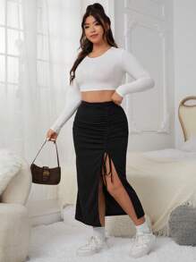 SHEIN EZwear Plus Drawstring Split Thigh Skirt - Multicolor - View 4