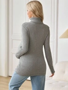 SHEIN Maternity Solid Color Long Sleeve Sweater Pregnancy Shirts Maternity Clothes Winter Maternity Clothes Maternity Turtleneck Maternity Shirt - Grey - View 2