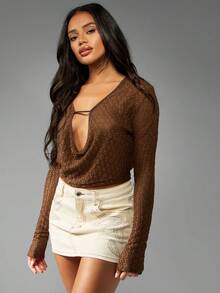 MISSGUIDED Elegante top corto con scollo a cappuccio in maglia metallica, maniche lunghe, scollo a V profondo, adatto per feste, uscite serali, vacanze e uso casual in inverno e autunno - Castano - Visualizzare 1