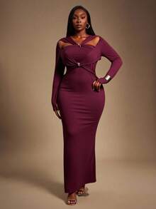 Radiana 大码女式优雅修身长袖束腰连衣裙，适合派对和聚会 - 紅色 - 查看 5