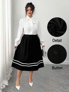 Elenzga Plus Size Women Casual Minimalist Color Block Trim Skirt - Black - View 1