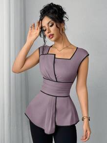 SHEIN Clasi 女士优雅通勤撞色饰边腰部衬衫，夏季 - 紫色 - 查看 5