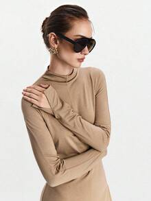 Lumivelle Vestido ajustado de cuello alto y unicolor con diseño en los hombros para mujer - Caqui - Ver 5
