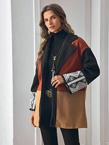 LanaWest Women's Pattern Patchwork Design Loose Flare Sleeve Casual Daily Versatile Woolen Autumn/Winter Jacket - Multicolor - View 3