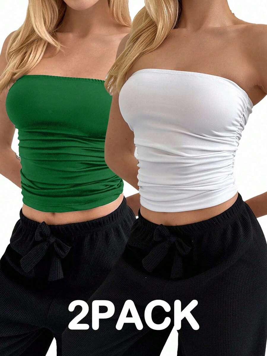 EURMUSE 2pcs Women's Minimalist Solid Color Ruched Fitted Tube Top, Summer - Multicolor - View 1