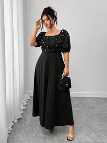 Elenzga Plus Size Beaded Puff Sleeve Off Shoulder A-Line Waist Solid Color Elegant Slim Midi Dress