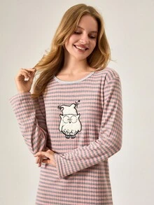 EURMUSE Damen Große Größen Baumwolle Rippstrick Kontrast Bindung mit süßer Tier Stickerei Detail Langarm Schlaf Pyjama Kleid