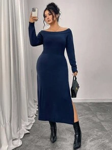 Modelyn 大码纯色露肩侧开衩针织连衣裙，秋冬休闲装 - 藍色 - 查看 5