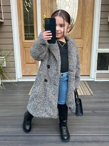 SHEIN Áo khoác dài cổ lông xù dệt kim cho bé gái, áo khoác lông cừu màu xám cho trẻ em, áo khoác lông gấu bông cho bé gái, áo khoác lông xù cho bé gái, áo khoác mùa thu đông. - Màu xám đen - Xem 2