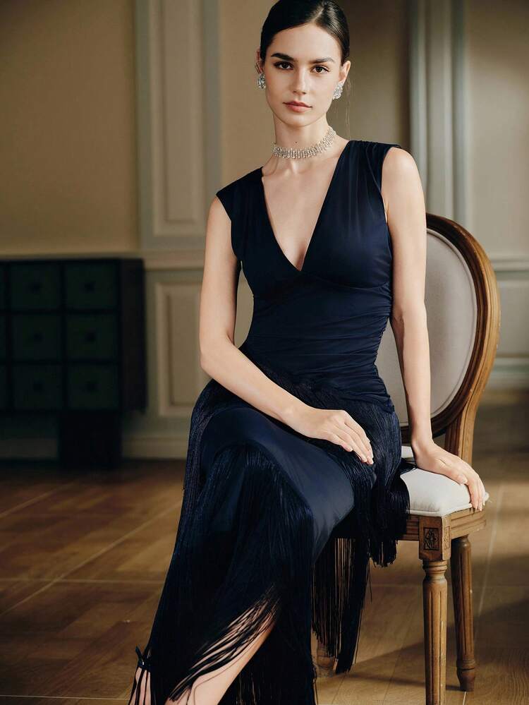 Vestido Longo Azul Elegante Sem Mangas com Franjas para Mulheres, Adequado para Banquete, Festa de Aniversário, Festa de Coquetel