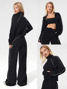 GLOWMODE SoftSerene 莫代尔对比滚边齐腰拇指孔合身拉链运动衫日常休闲装