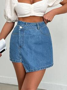 SHEIN PETITE Rigid, Back Label Detailed Skort - Medium Wash - View 3