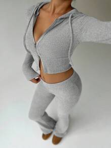 SHEIN Unity 杏色羊毛罗纹面料前开拉链短款修身长袖连帽衫和复古喇叭裤简约休闲运动百搭衣橱必备女士春秋套装 - 灰色 - 查看 5