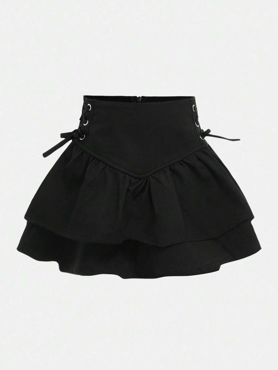SHEIN Girlism Young Girl Casual Double-Layered Skirt With Ruffle Hem & Side Tie, Great For Casual & Daily Wear & School Daily In Autumn & Winter, Mom And Daughter Matching,Sister And Me Matching - Black - View 1
