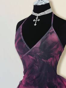 SHEIN ICON 网眼紫色扎染印花透视不对称下摆挂脖系带腰迷你连衣裙 - 紫色 - 查看 4
