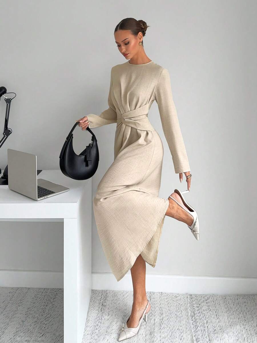 Siren Gaze Vestido midi elegante de manga larga con diseño retorcido y unicolor para mujer, vestido midi beige elegante, vestido midi de manga larga, vestido midi de color neutro, ropa de mujer para otoño, atuendo para volver al colegio, atuendo para concierto country, atuendo casual de negocios para mujer, atuendo de maestra, atuendo para cita nocturna, atuendo de cumpleaños, atuendo para brunch, ropa de mujer estilo occidental, atuendo casual de negocios, para todas las estaciones - Albaricoque - Ver 1