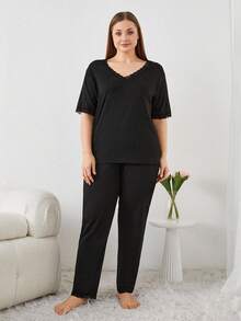 RueChic Cotton Scalloped Lace Hem Sleepwear Set - Black - View 4