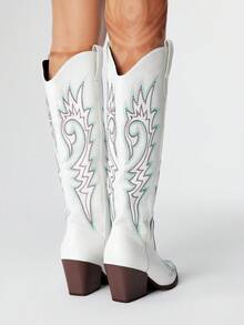 ROMWE Fairycore Women's Elegant Pointed Toe Chunky Heel Embroidery Western Cowboy Boots, Leather Upper, Slip-On, Knee-High, Outdoor Fashion, Autumn/Winter - White - View 5