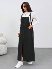 EURMUSE WOMEN LONG DENIM DRESS POCKET AND SLIT DETAIL - Black - View 5