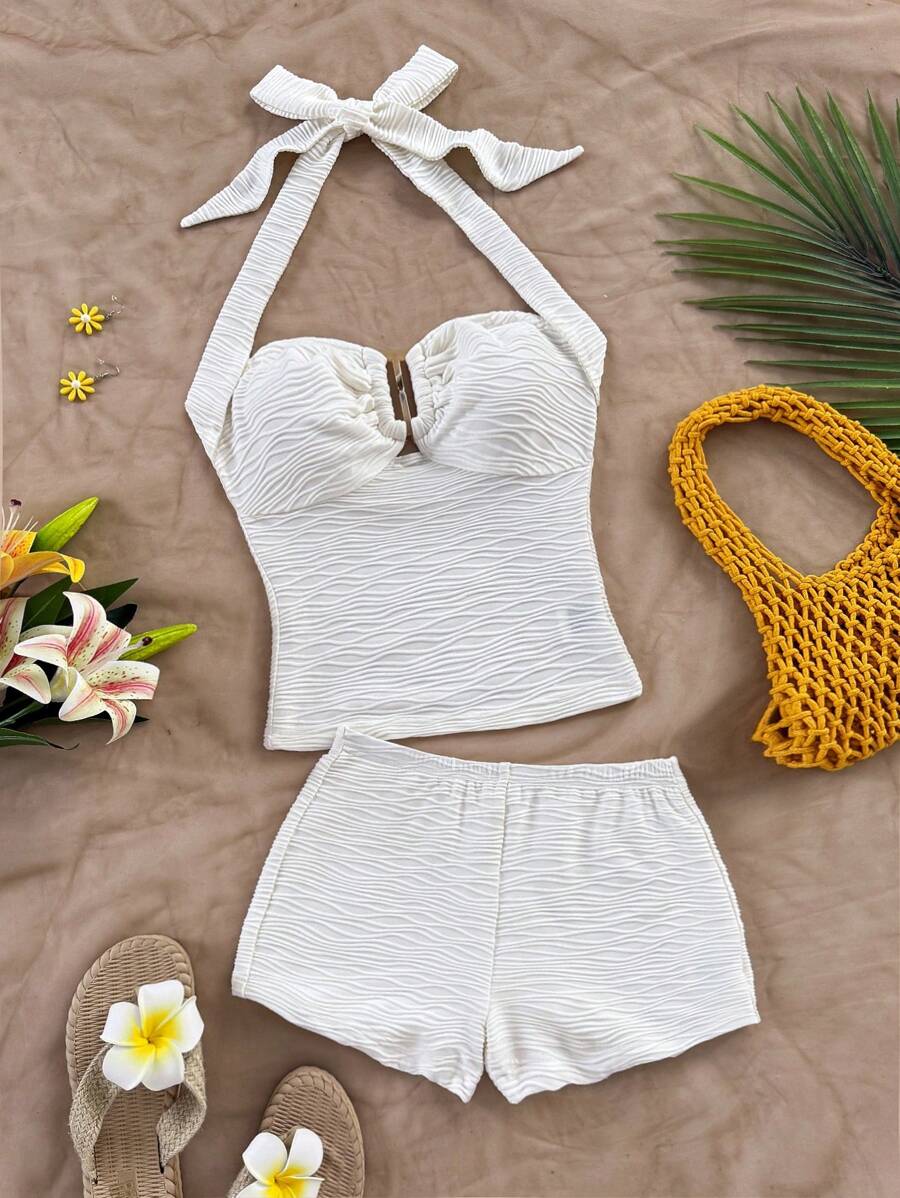 Soleia 女士度假露背吊带上衣和短裤套装，海滩、西部、节日、夏季服装，波西米亚风格 - 白色 - 查看 1