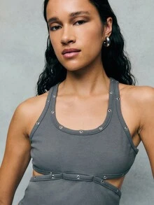 TypaGal Charcoal Gray Edgy Cropped Tank With Metal Detailing And Cutouts,Summer Chic Everyday Alt Goth Inspiration Fall Halloween Costume Base Gym Top - Grey - View 1