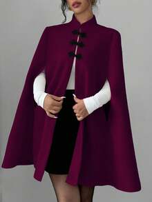 Elenzga 优雅立领撞色中式纽扣斗篷斗篷女款，厚羊毛面料，秋冬 - 紫色 - 查看 5