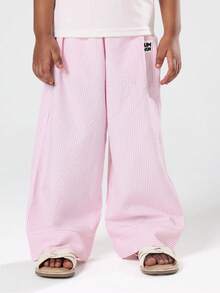 SUMWON Girls Fresh Strawberry Print T-Shirt Co-Ord Set With Pink Striped Wide Leg Pants Summer Casual Cotton Outfit - Baby Pink - View 4