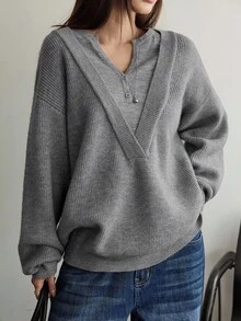 Dazy-Less Women's Loose Business Casual V-Neck Patchwork Pullover Sweater, Suitable For Commuting And Office Wear, Autumn/Winter - Grey - View 6