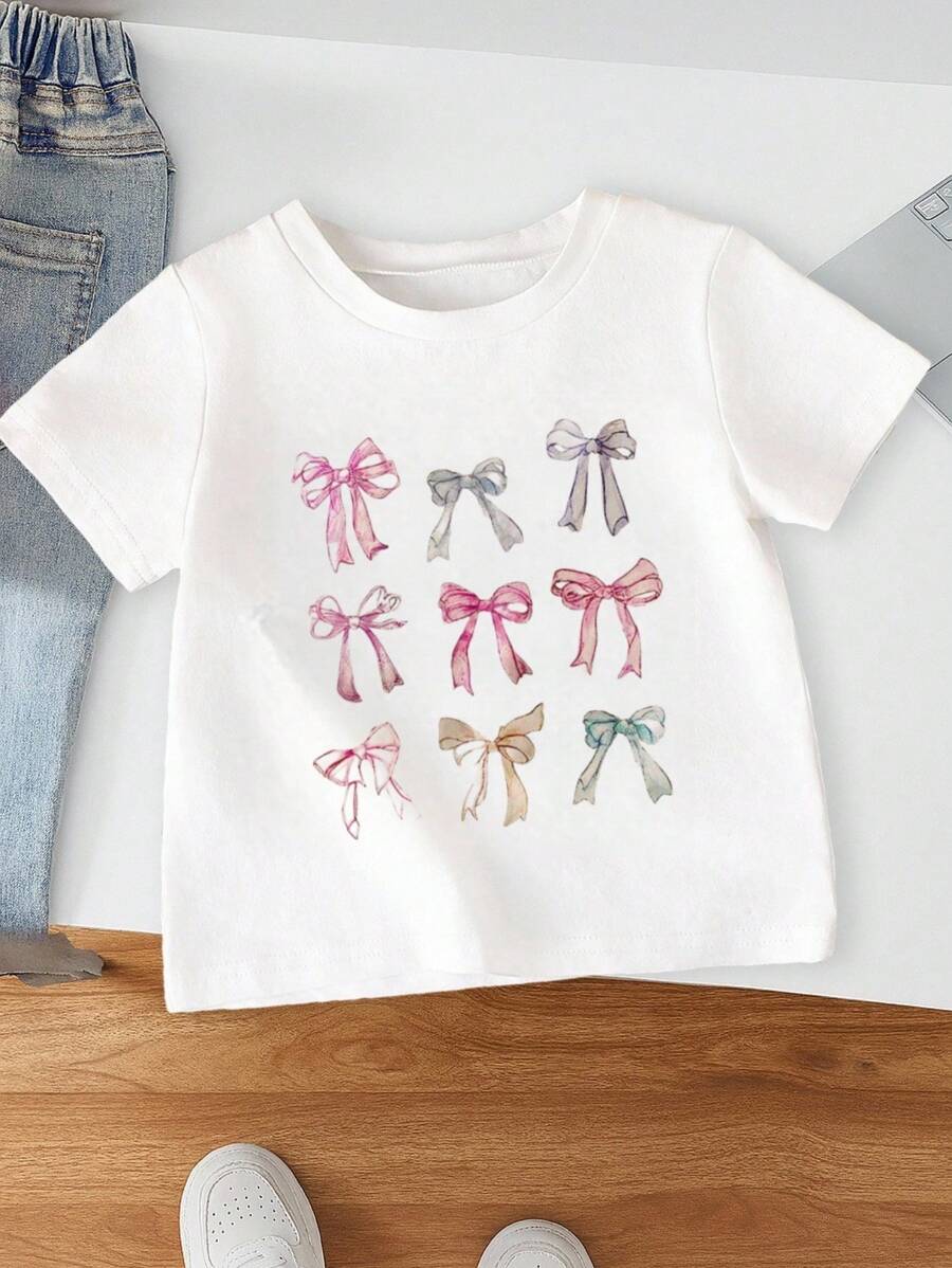 Baby Girl Summer Casual Butterfly Printed Short Sleeve Tee With Bow - White - View 1