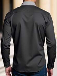 Manfinity Bizformal Men's Business Casual Contrast Color Panel Long Sleeve Shirt Black Dress Shirt Men Luxury Shirts Men Fashion Shirts Men Western Shirt Black Button Up Shirt, Old Money Style, Fall - Black - View 2