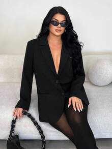 SHEIN SXY Plus Size Women Minimalist Elegant Refined Black Plus Size Blazer Jacket, Suitable For Casual Outings, Commuting, Party, Date, Formal Occasions, Versatile Autumn/Winter Outerwear,Suitable For High Street,Urban,Sexy Office Siren Coquettish,Cruise Attire,Commuting,Business,Retro,Vintage,Party,Resort,Outing,Old Money,Richly Layered,Date Night,Gathering,Minimalism,Birthday,Formal Event,Gyaru,Ibiza,Nashville,Break,Modest,Chic,Casul,Shopping, Streetwear,Going Out,Coquette,Flatter The Figure - Black - View 1