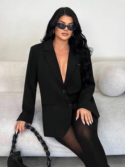 SHEIN SXY Damen minimalistische, elegante und raffinierte schwarze oversized Blazer Jacke, geeignet für Lässig Outings, Pendeln, Partys, Dates, formelle Anlässe, vielseitige Herbst/Winter Oberbekleidung, Damen Blazer
