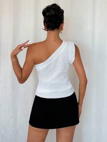Rafferiza Maglietta aderente asimmetrica senza maniche, di colore unito, dal collo asimmetrico, in maglia, adatta per l'autunno, elegante, alla moda, casual, per l'ufficio, per il tempo libero, versatile, di temperamento urbano, adatta per insegnanti e professionisti - Bianco - Visualizzare 2