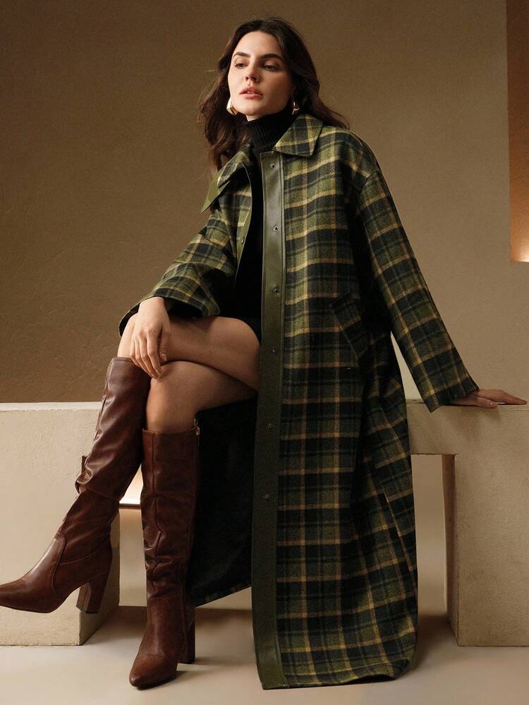 Women's Elegant Classic Vintage Plaid Patchwork PU Leather High Collar Long Loose Wool Coat, Suitable For Halloween, Christmas, Fashion