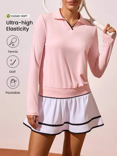 CourtClass 女式 V 领长袖撞色运动 Polo 衫，春/秋粉色网球服女式网球衫女式高尔夫衫健身衫女式长袖运动衫女式防晒衫