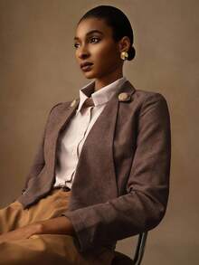 Vesra 纽扣装饰毛绒纹理面料不对称翻领长袖现代女式夹克 - 棕色 - 查看 7