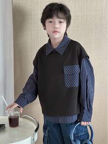 DAZY 秋季男童宽松休闲条纹衬衫和背心两件套