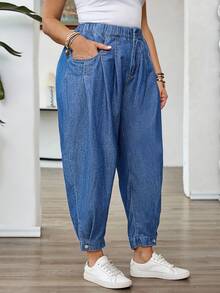 EMERY ROSE 大码女式无弹力牛仔裤，休闲宽松轻质松紧腰前开设计喇叭裤，夏季