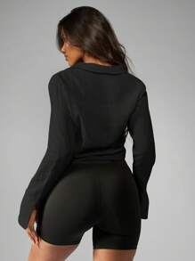 MISSGUIDED 长袖系带衬衫纽扣衬衫优雅专业 V 领办公室工作休闲雪纺秋冬裹身上衣 - 黑色 - 查看 2