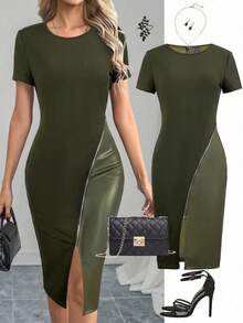 Ellevyn Elegant Women's Black Short Sleeved Patchwork PU Leather In Winter Zip Up Split Thigh Bodycon Dress - Army Green - View 7