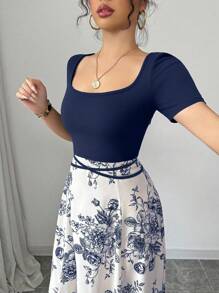 Selianne 女士优雅修身腰系带旗袍式印花短袖连衣裙 - 藏蓝色 - 查看 4