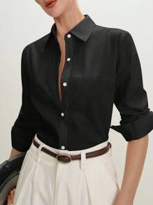 BizChic 黑色翻领露肩前开襟衬衫，现代优雅都市通勤日常浪漫90年代复古风，适合圣诞节、新年、情人节、派对、海滩、毕业典礼、时尚、嘉年华、假日、婚礼宾客、早午餐、机场等多种场合。 - 黑色 - 查看 13