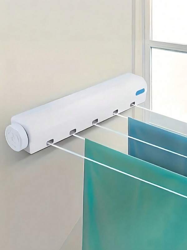 SHEIN Varal retrátil economizador de espaço com 4/5 cordas, suporte de parede de plástico durável com barra de toalha e ganchos, suporte portátil para secar roupas