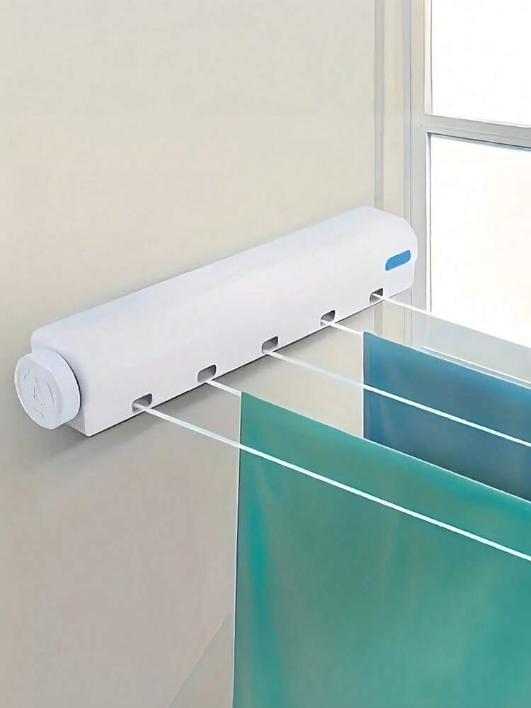 SHEIN 1pc Space Saving Retractable Clothesline With 4/5 Ropes, Wall Mounted Durable Plastic Drying Rack With Towel Bar And Hooks, Portable Clothes Drying Rack - White - View 1